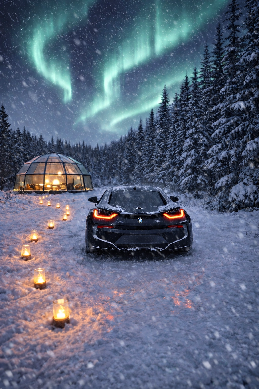 BMW i8 beside a candlelit glass hut under the aurora