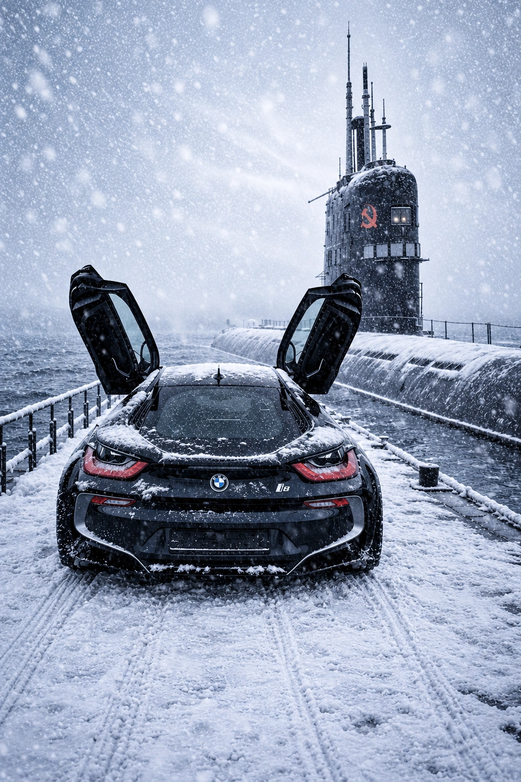 BMW i8 with doors raised on a snowy pier beside a submarine