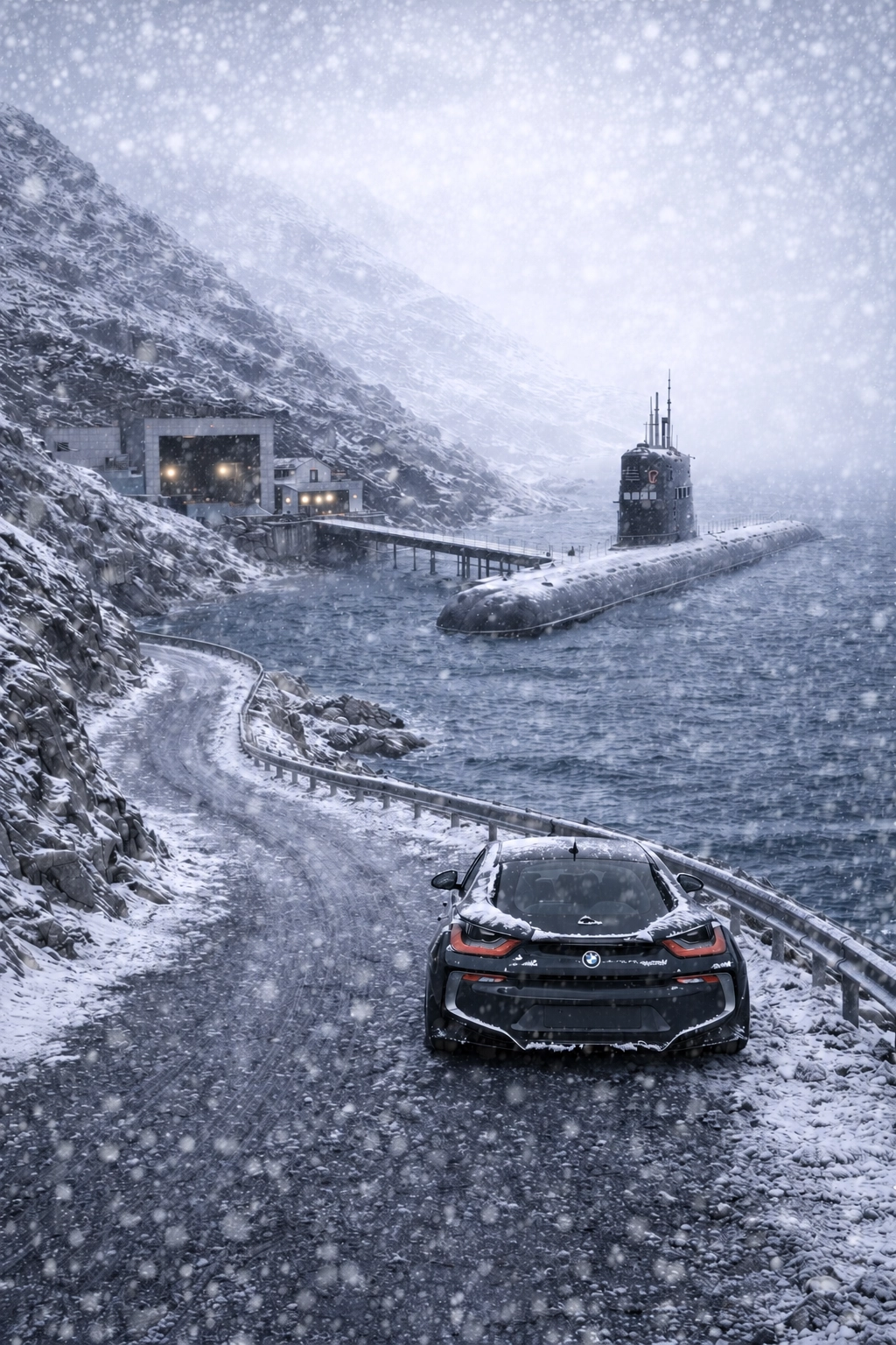 BMW i8 on a coastal road above a hidden submarine base in a snowstorm