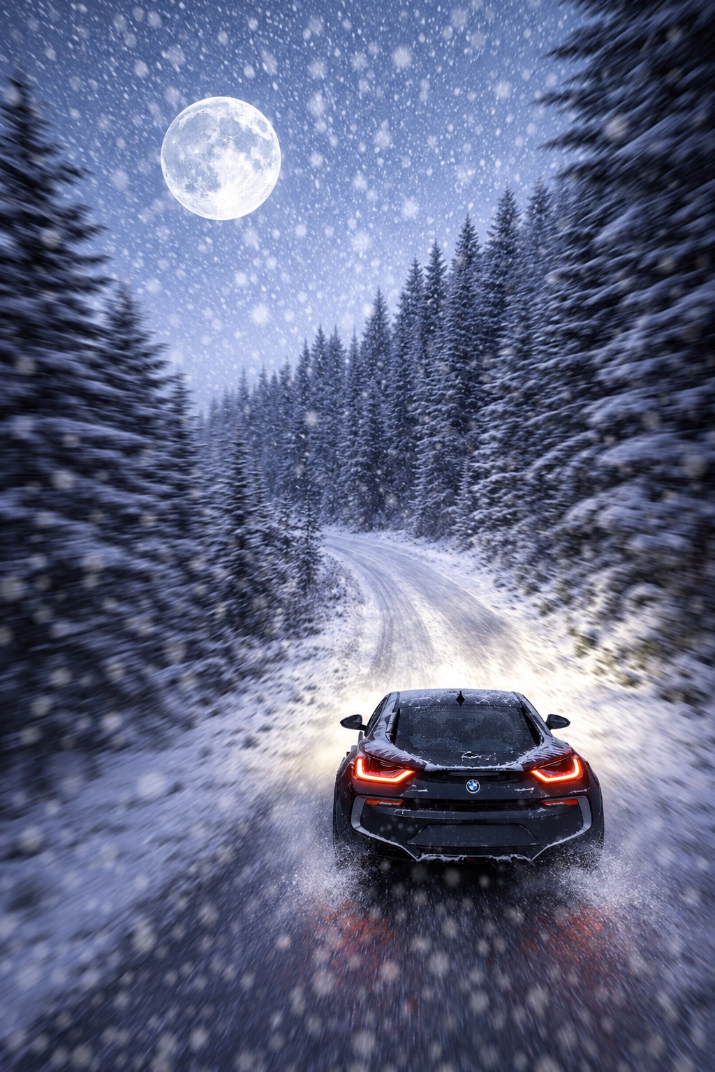 BMW i8 driving through a snowy forest at night