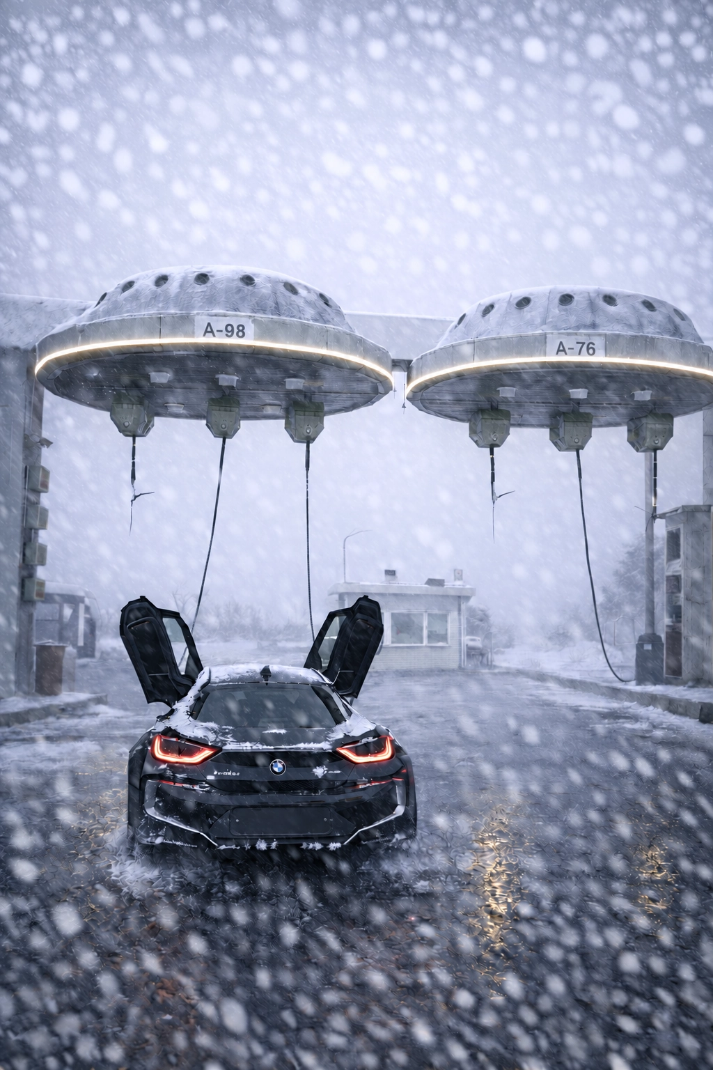 BMW i8 under two saucer-shaped fuel dispensers in a blizzard