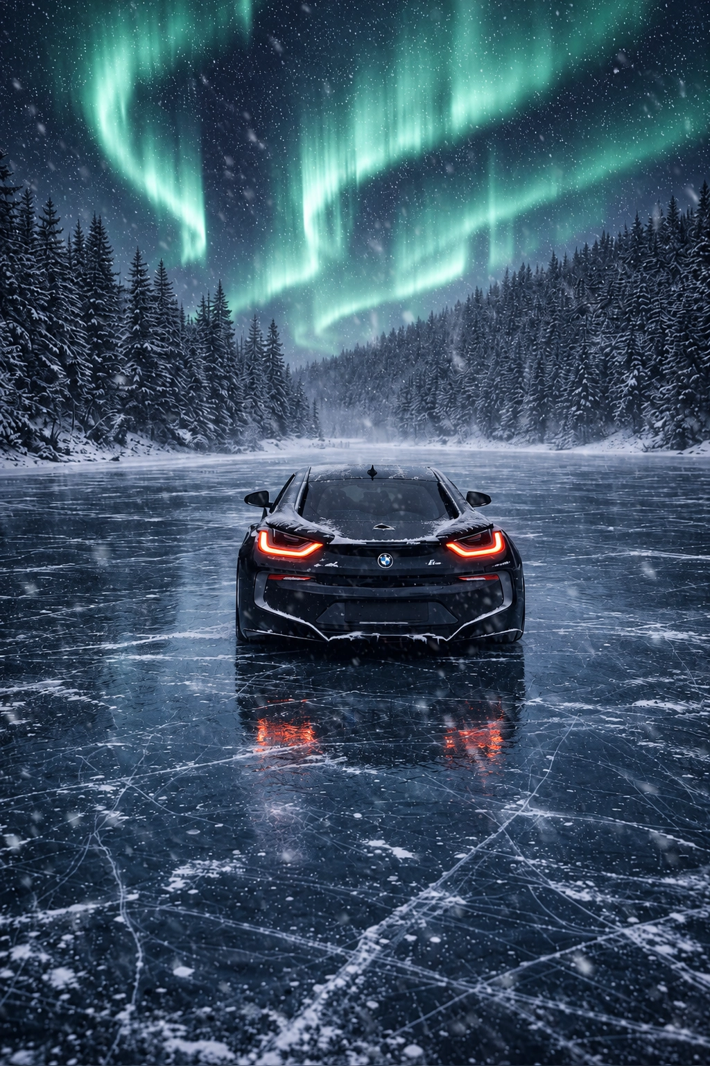 BMW i8 on a frozen lake under the northern lights