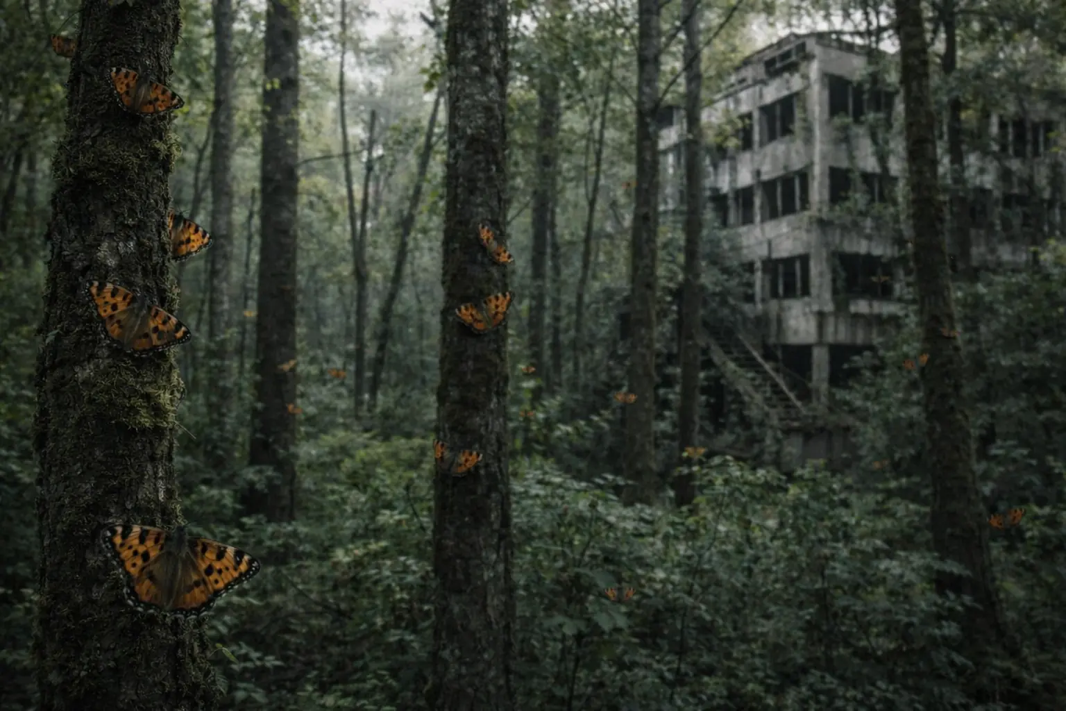 Butterflies on birch trees in front of an abandoned apartment block