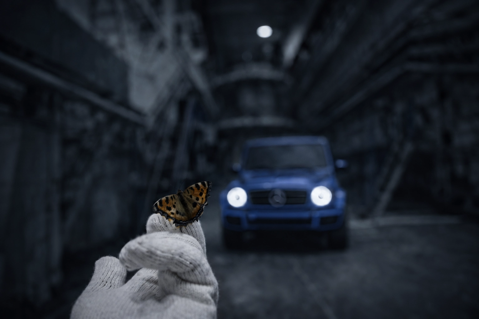 A butterfly on a gloved hand, the G-Class blurred behind