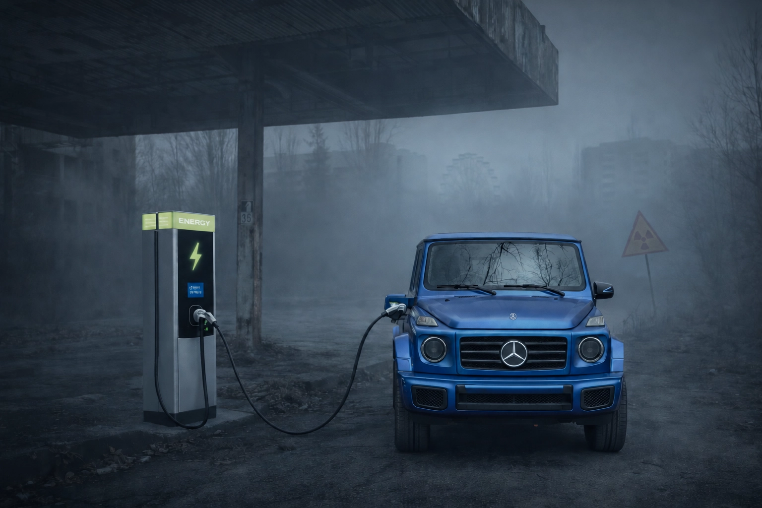Blue G-Class charging at a lone charger under a concrete canopy in fog