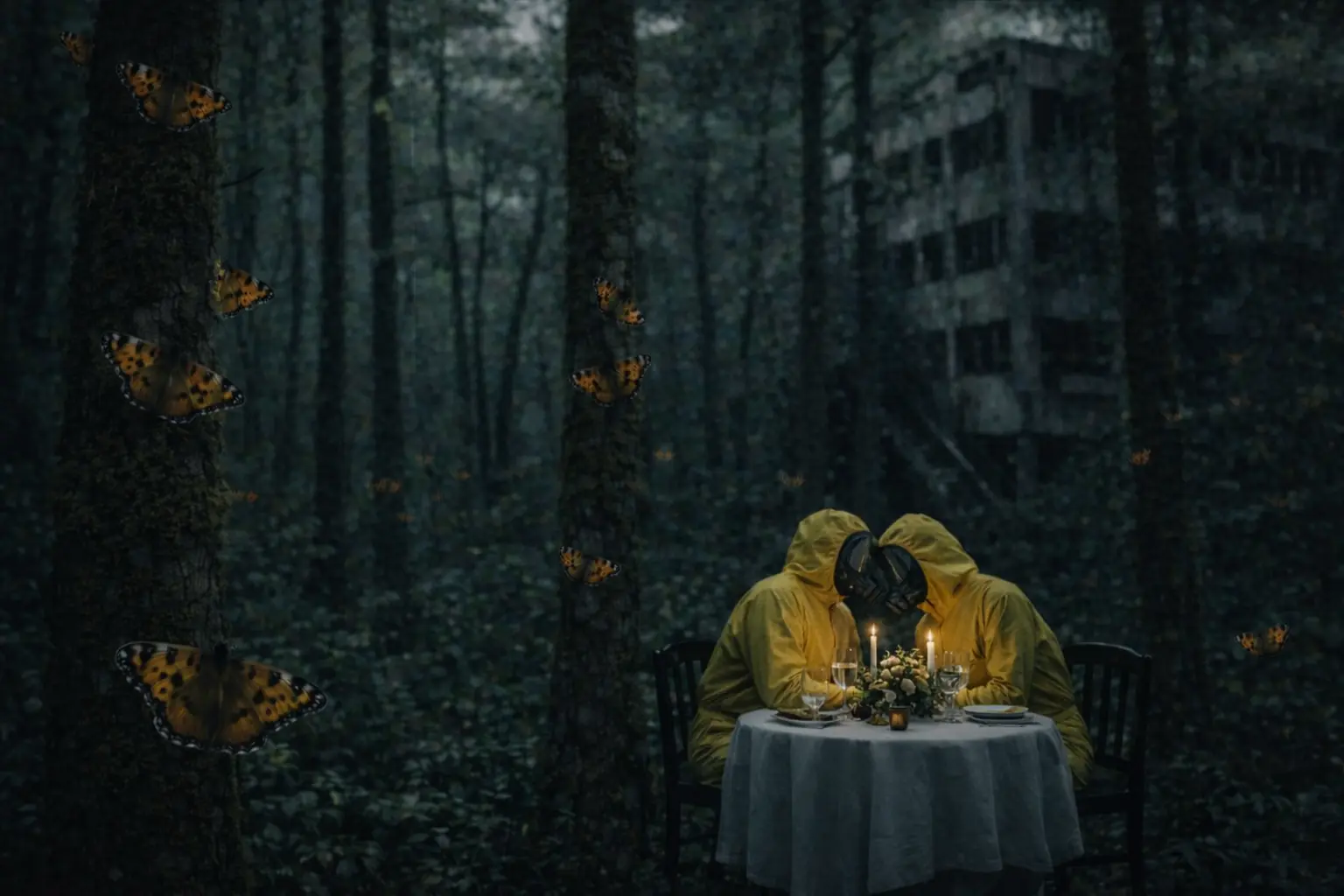 Two people in yellow protective suits at a candlelit table in the forest