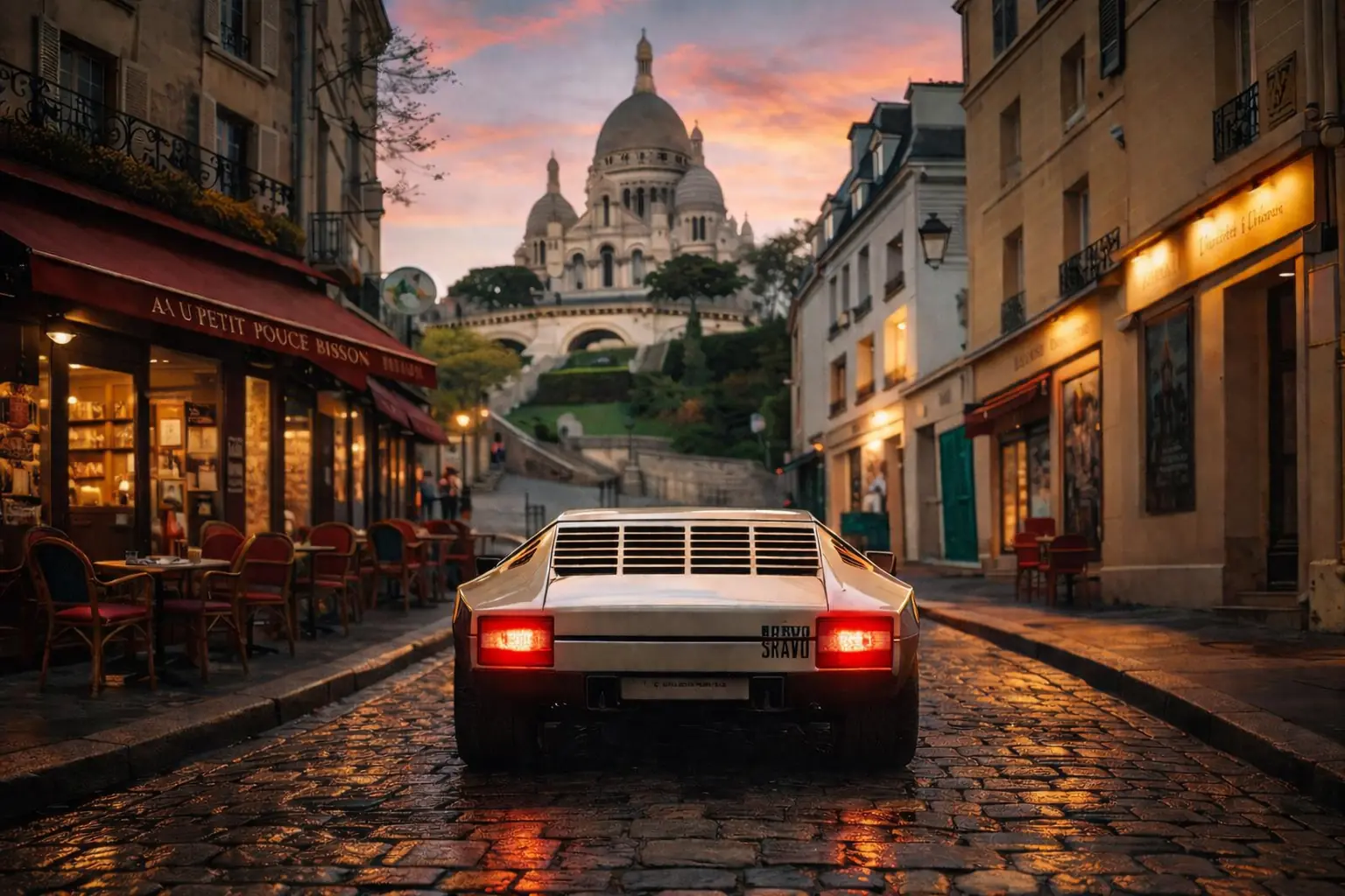 Lamborghini Bravo on a cobbled Montmartre street at dawn