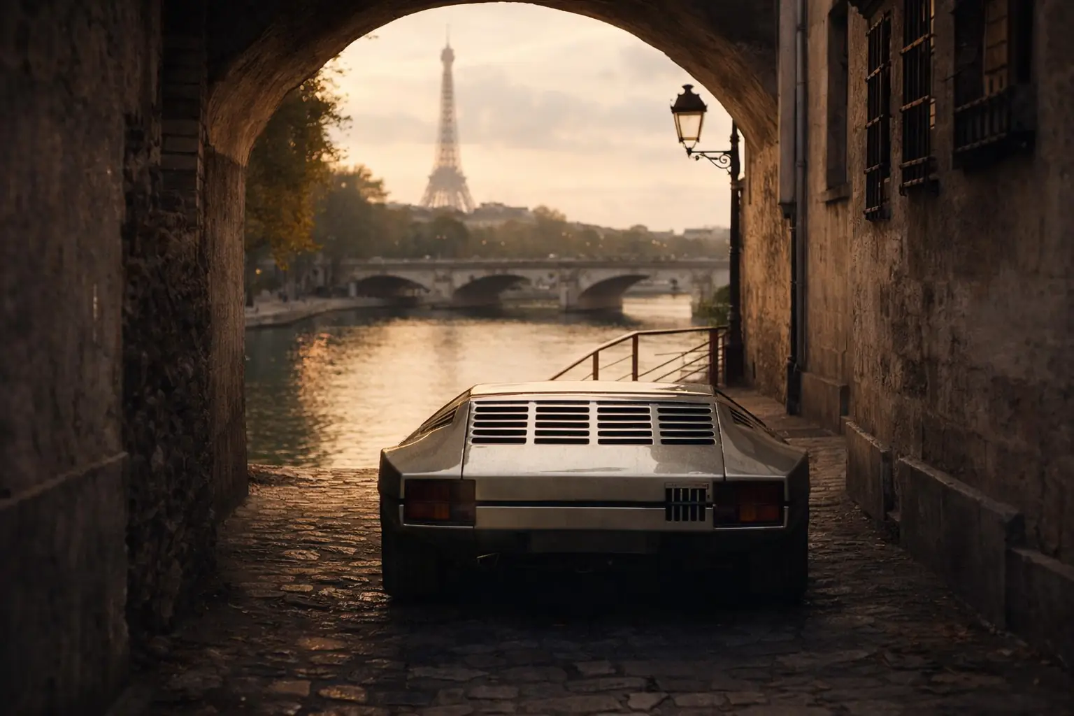 Lamborghini Bravo under a stone arch by the Seine, Eiffel Tower in the distance