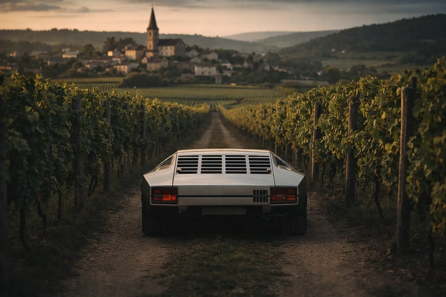 Lamborghini Bravo on a track through vineyards toward a village