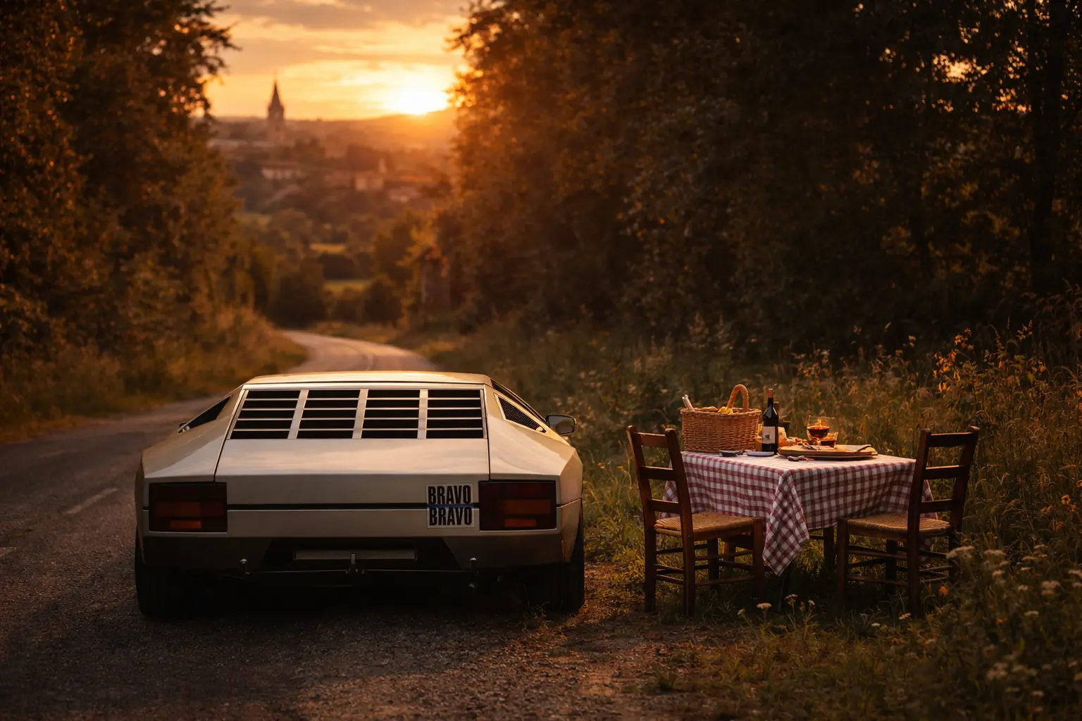 Lamborghini Bravo beside a picnic table at sunset