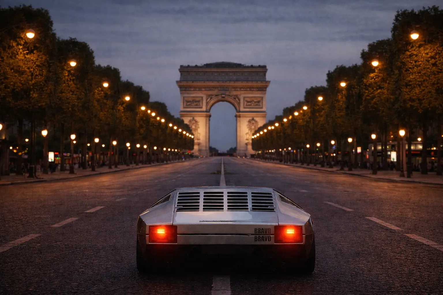 Lamborghini Bravo on an empty Champs-Élysées facing the Arc de Triomphe at dusk