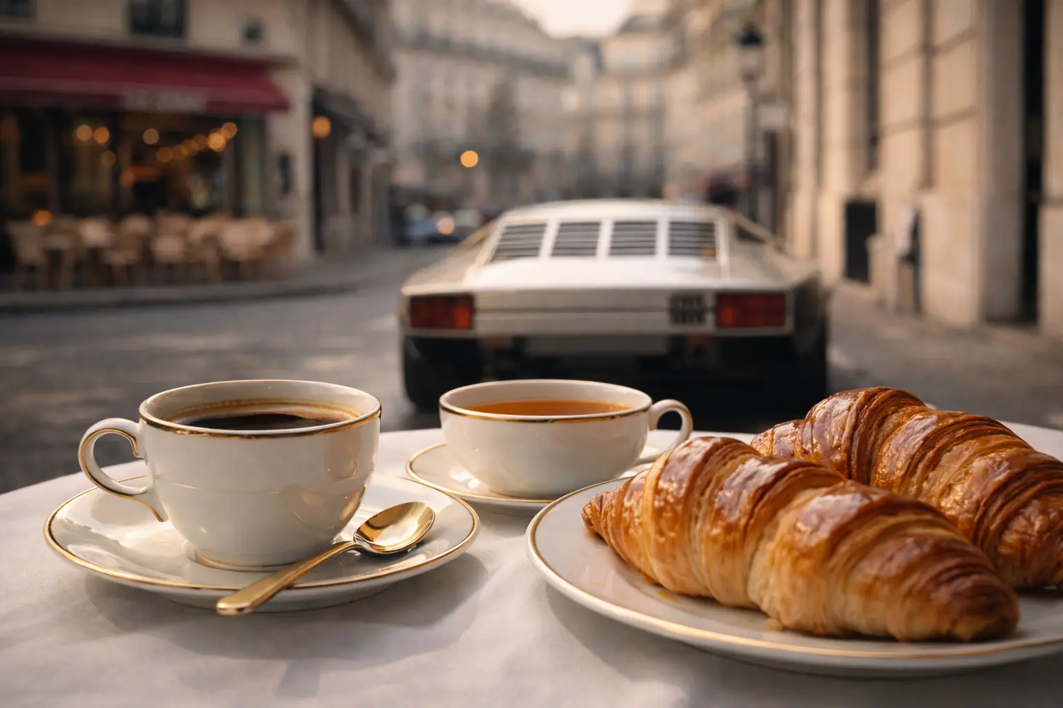 Coffee and croissants on a café table, the Bravo parked behind