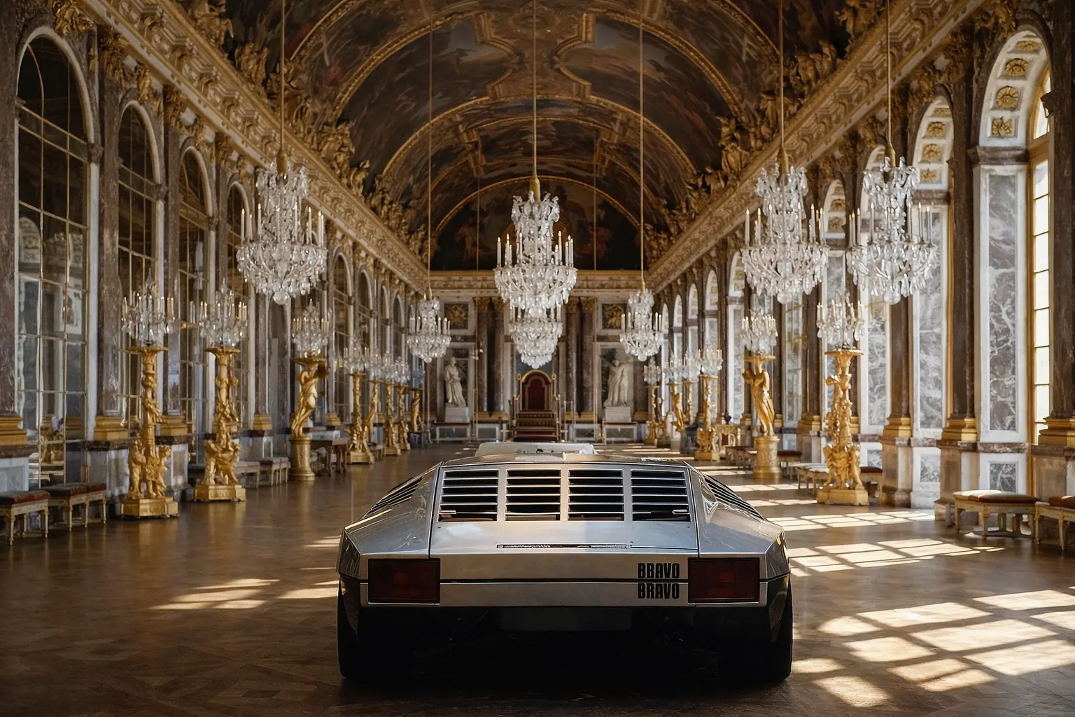 Silver Lamborghini Bravo parked inside the Hall of Mirrors at Versailles