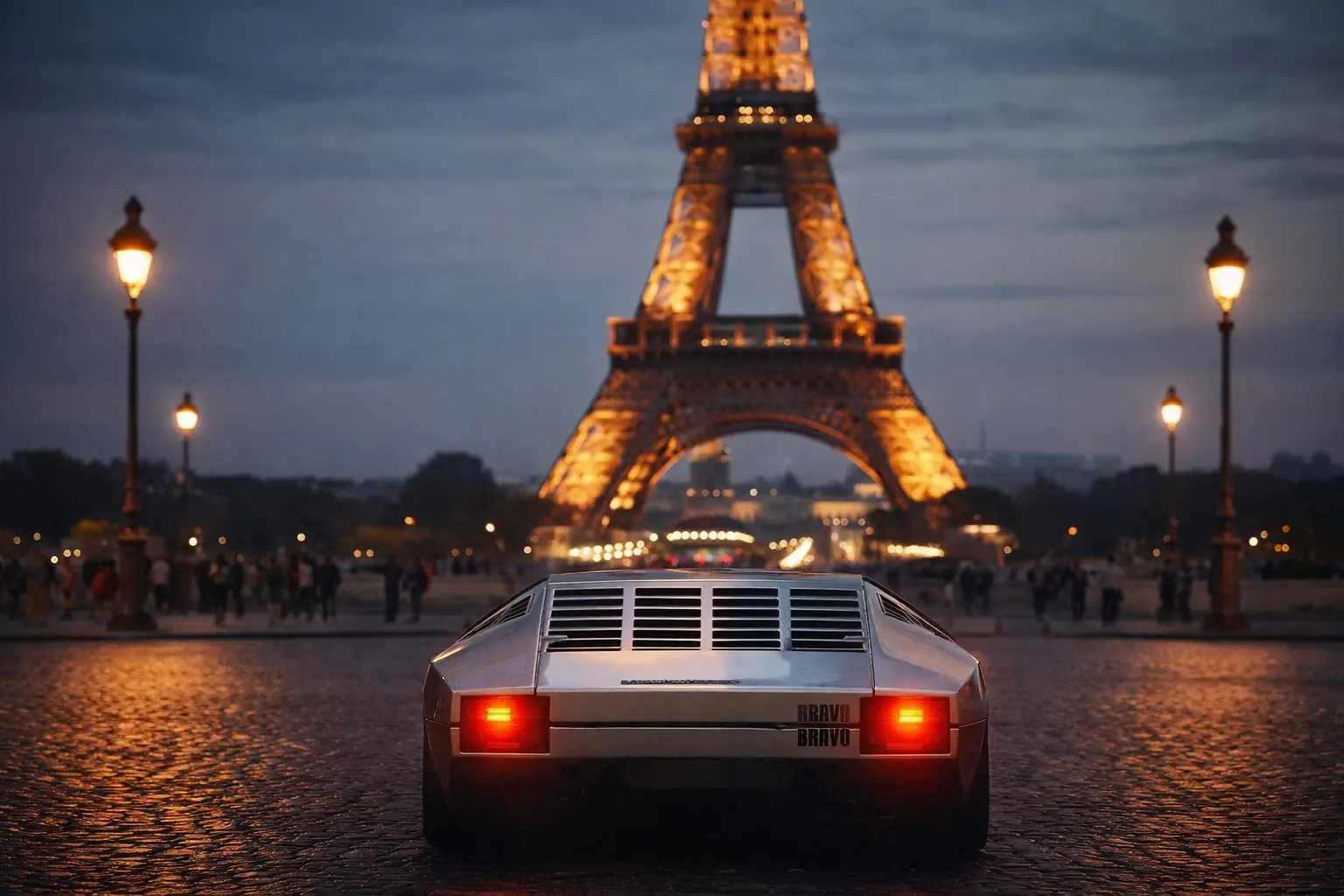 Lamborghini Bravo in front of the illuminated Eiffel Tower