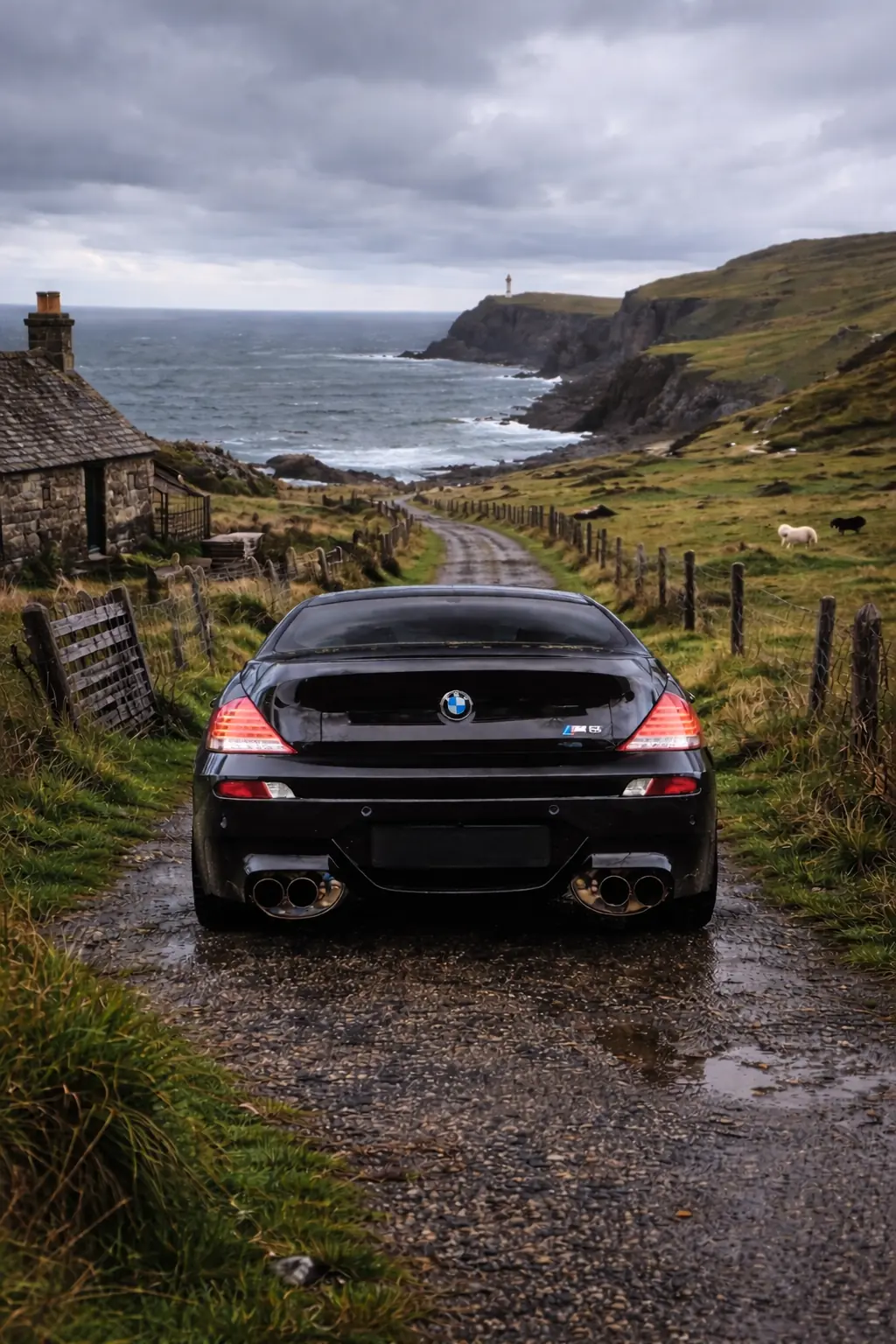 BMW M6 on a narrow coastal lane beside a stone cottage