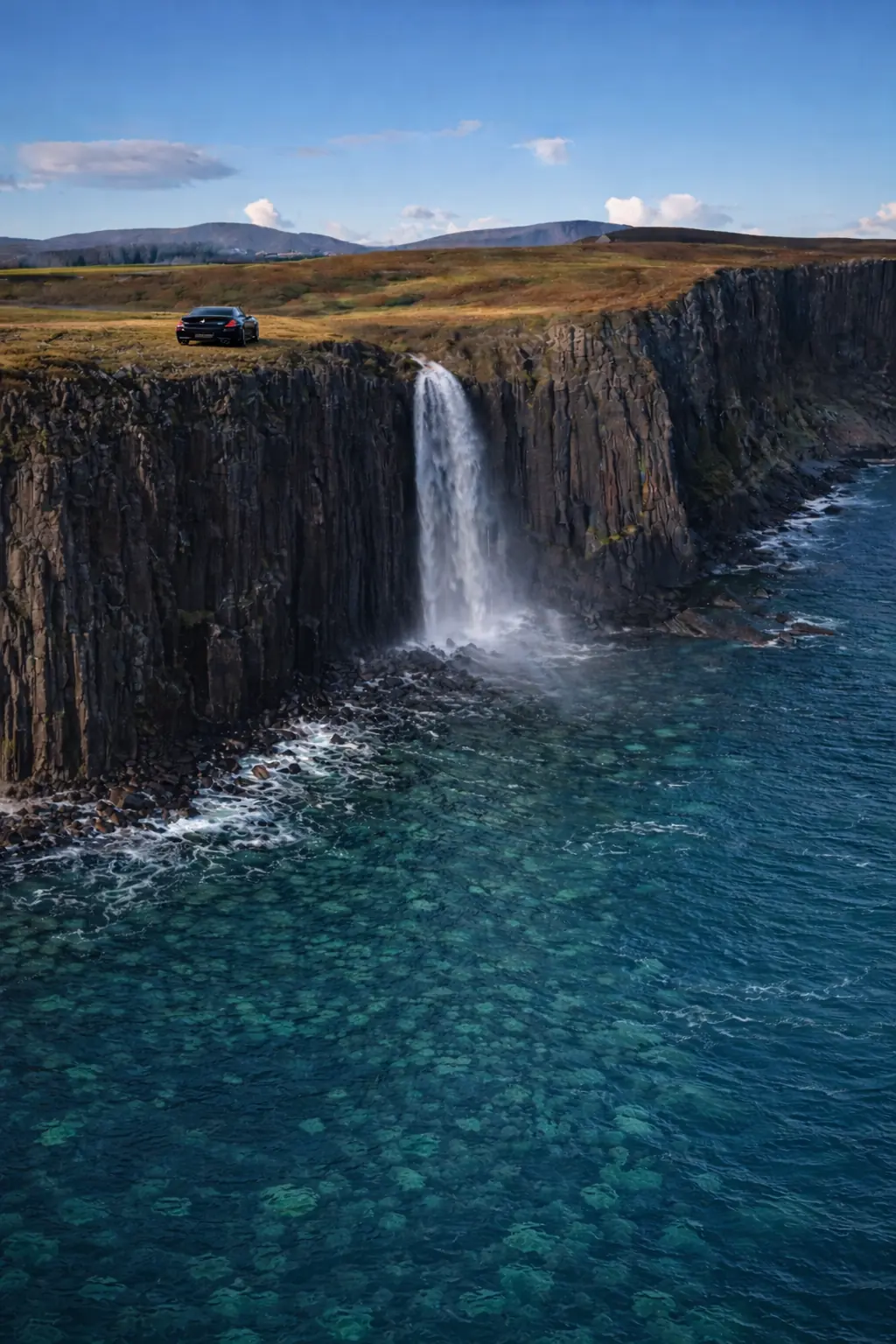 BMW M6 parked at a cliff edge above a waterfall falling into the sea