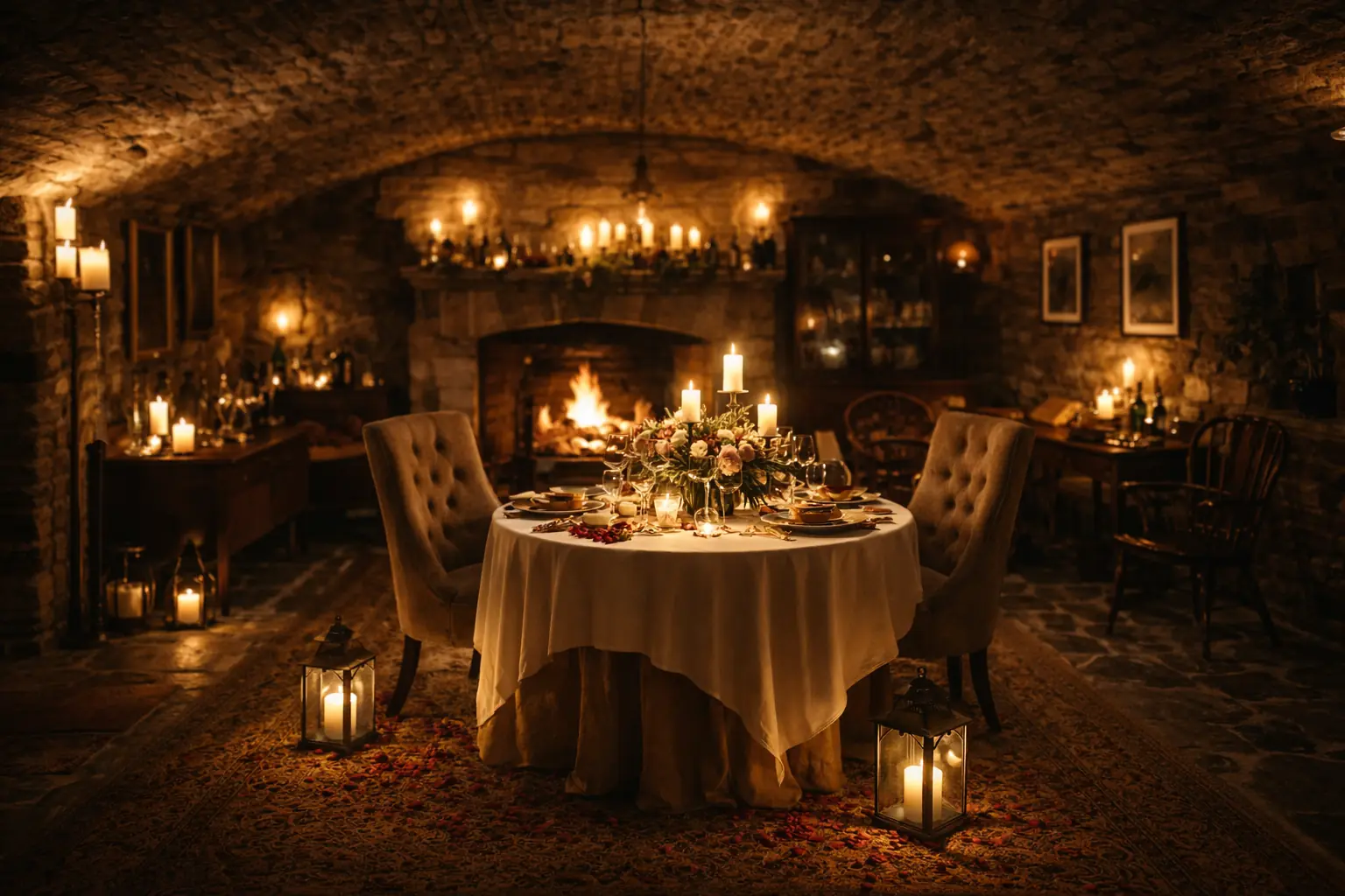 A candlelit dining table in a vaulted stone cellar