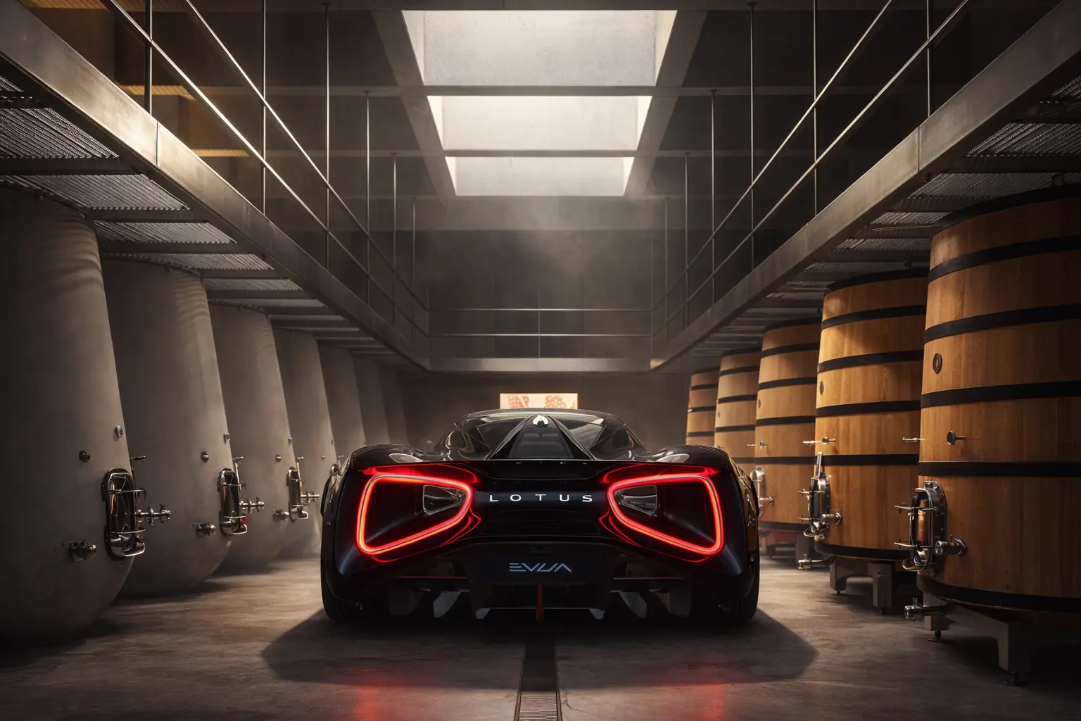 Lotus Evija in a wine cellar between oak vats