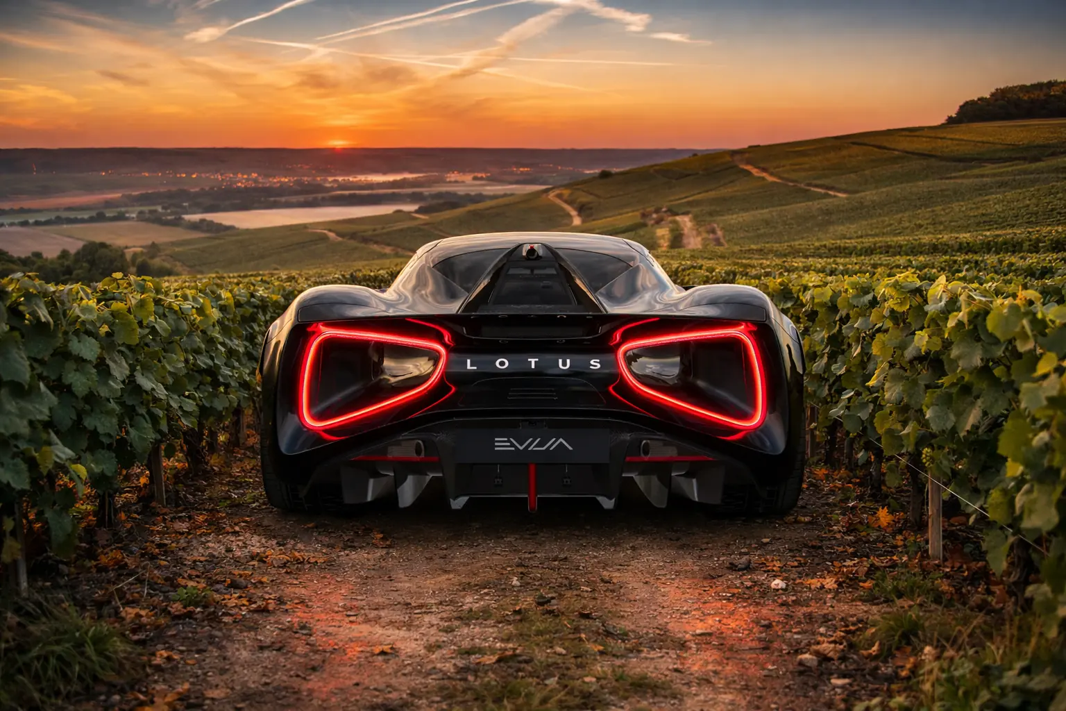 Lotus Evija between rows of vines at sunset