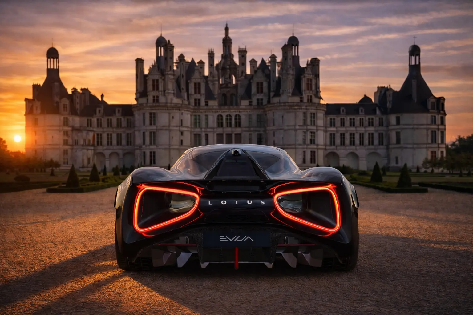Black Lotus Evija in front of the Château de Chambord at sunset