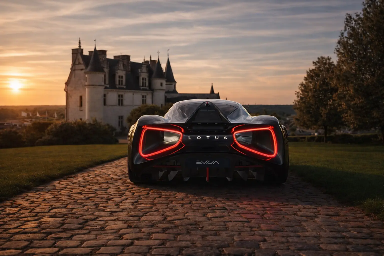 Lotus Evija on cobbles beside a château at sunset
