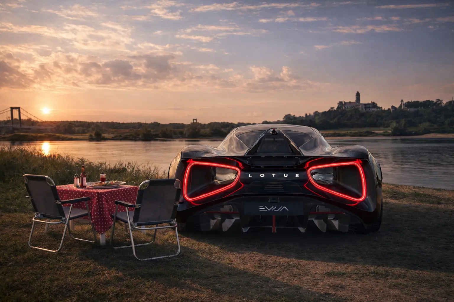 Lotus Evija beside a small picnic table by the river