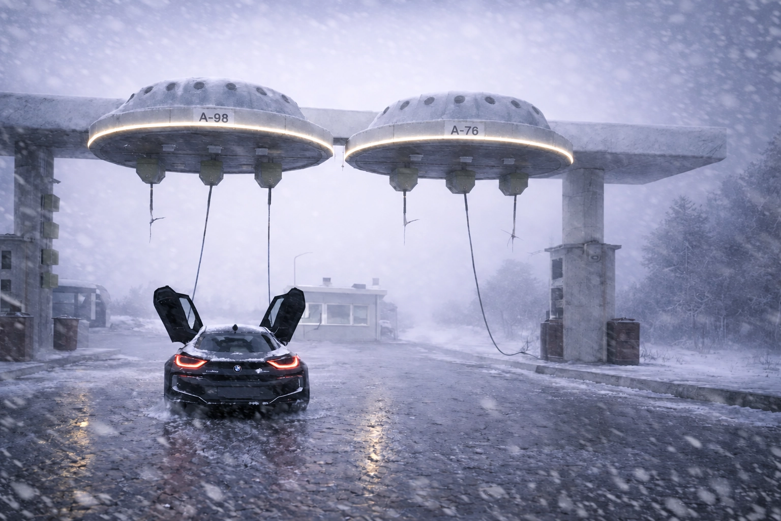 A black BMW i8 with its doors raised, parked in a blizzard under two saucer-shaped fuel dispensers